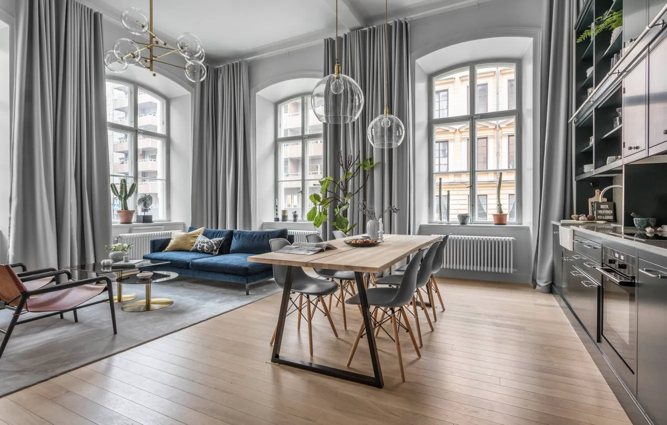 Photo wallpaper interior, kitchen, living room, dining room, Scandinavian style, Apartment in Stockholm