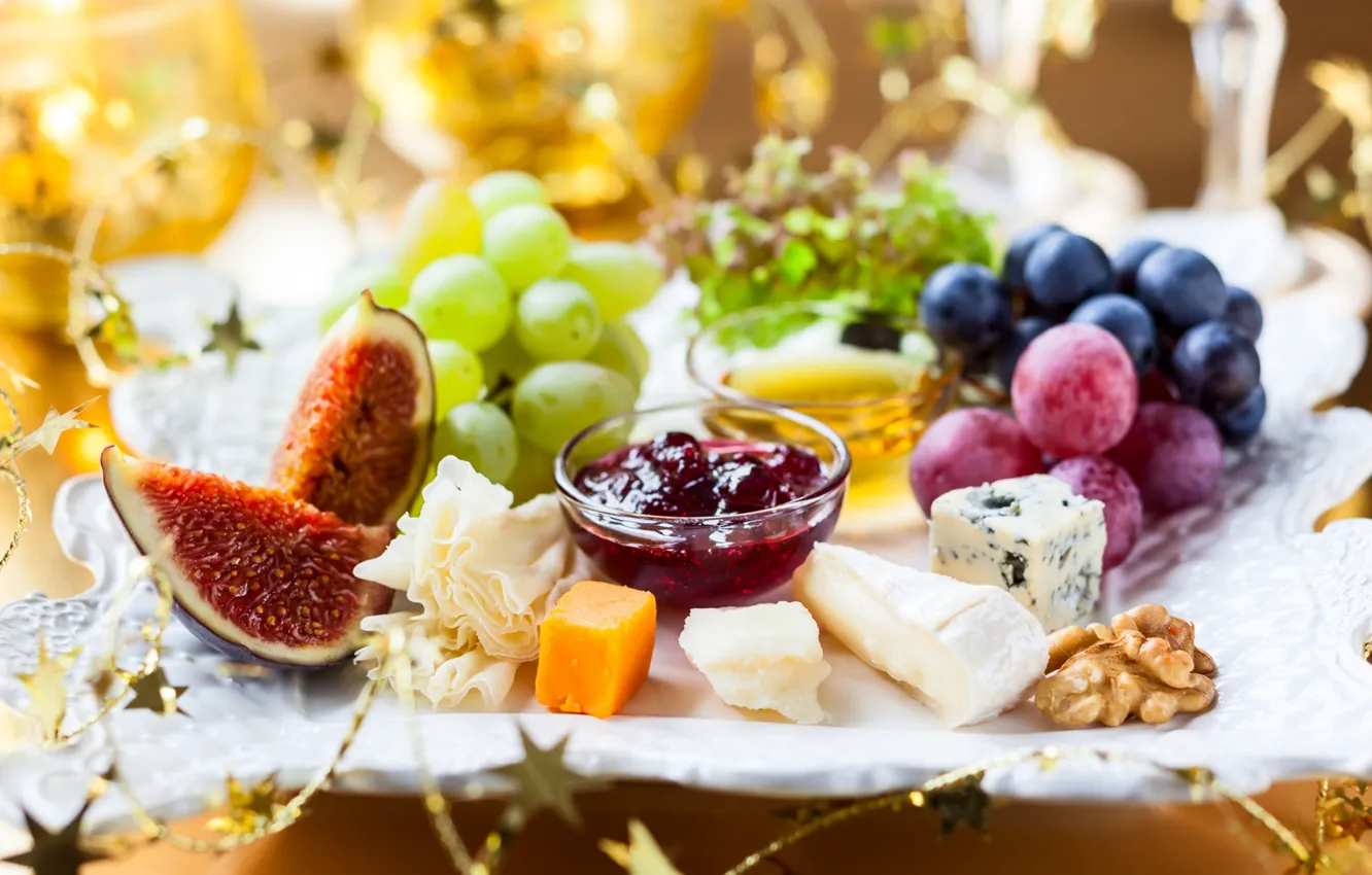 Photo wallpaper cheese, walnut, grapes, jam, cuts, figs
