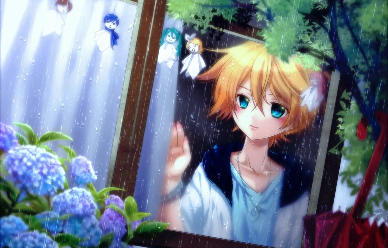 Photo wallpaper flowers, rain, window, art, vocaloid, hatsune miku, Chibi, kagamine rin