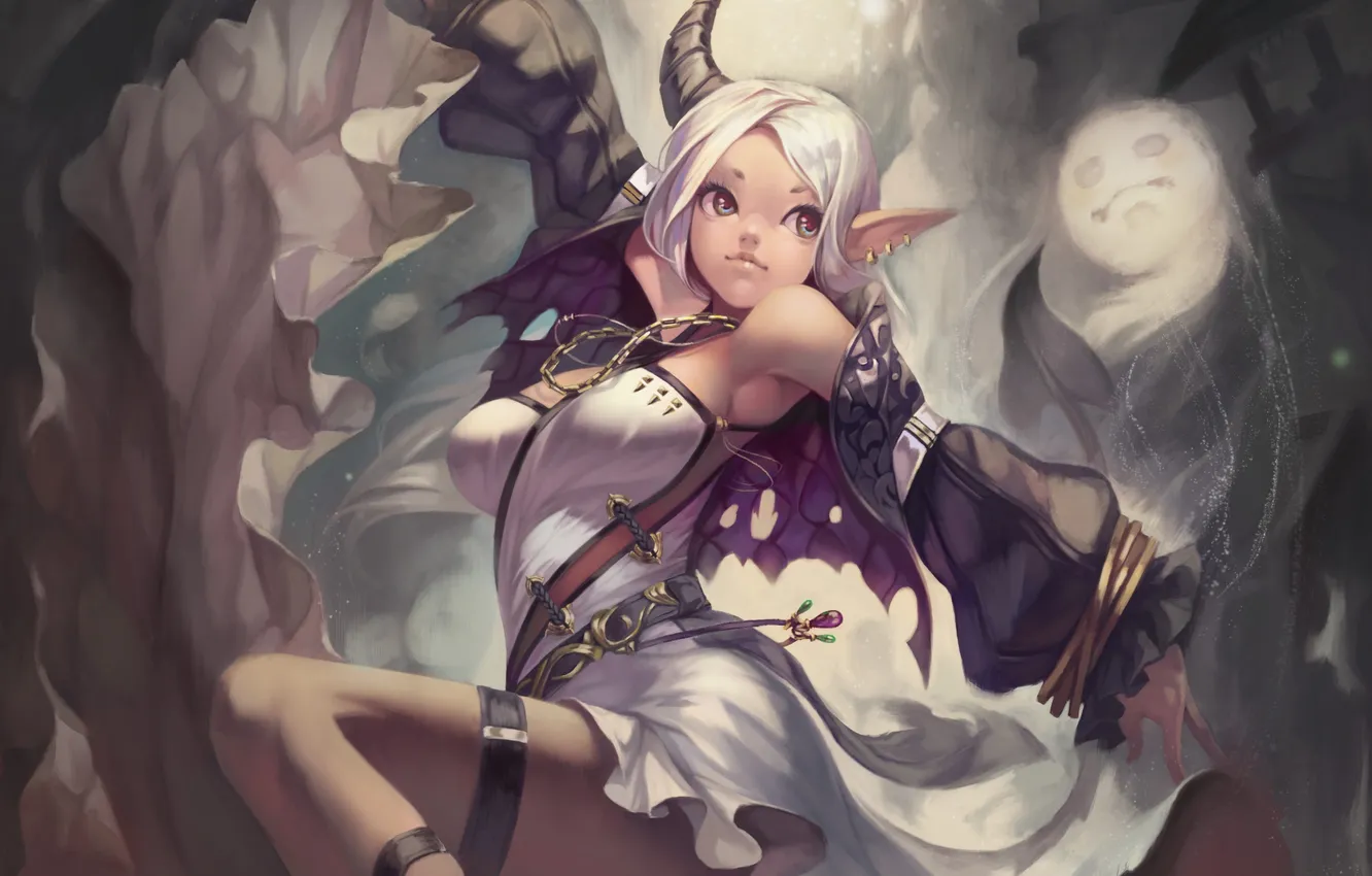 Photo wallpaper girl, smile, magic, dance, horns, gesture, art, white