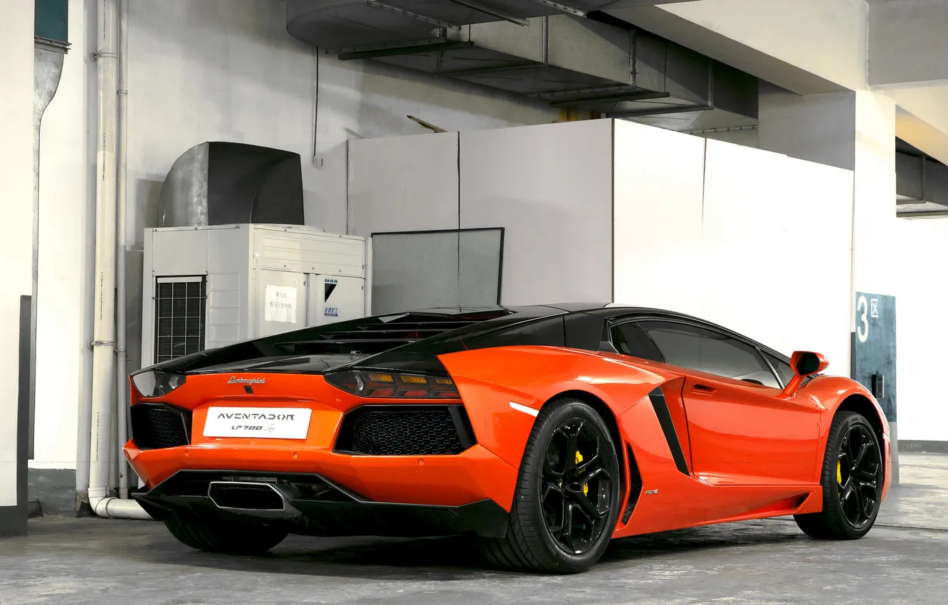 Photo wallpaper orange, Lamborghini, rear view, orange, LP700-4, Aventador, Lamborghini, aventador
