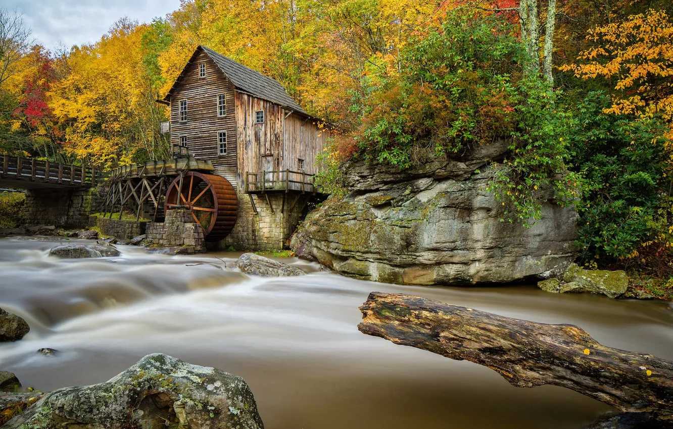 Photo wallpaper autumn, forest, stream, stones, USA, Babcock State Park, the bridge, water mill