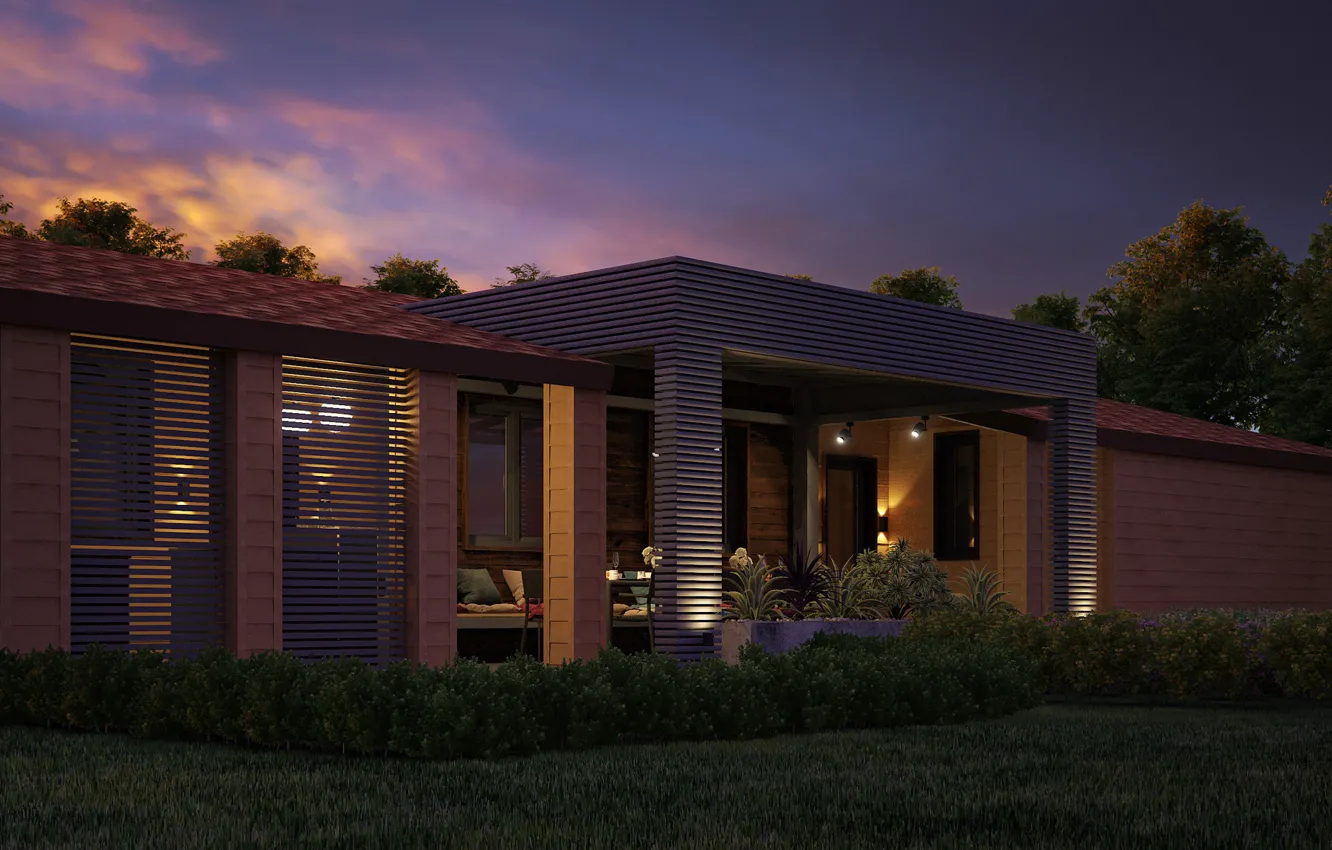 Photo wallpaper night, structure, lawn, Bathhouse, exterior night