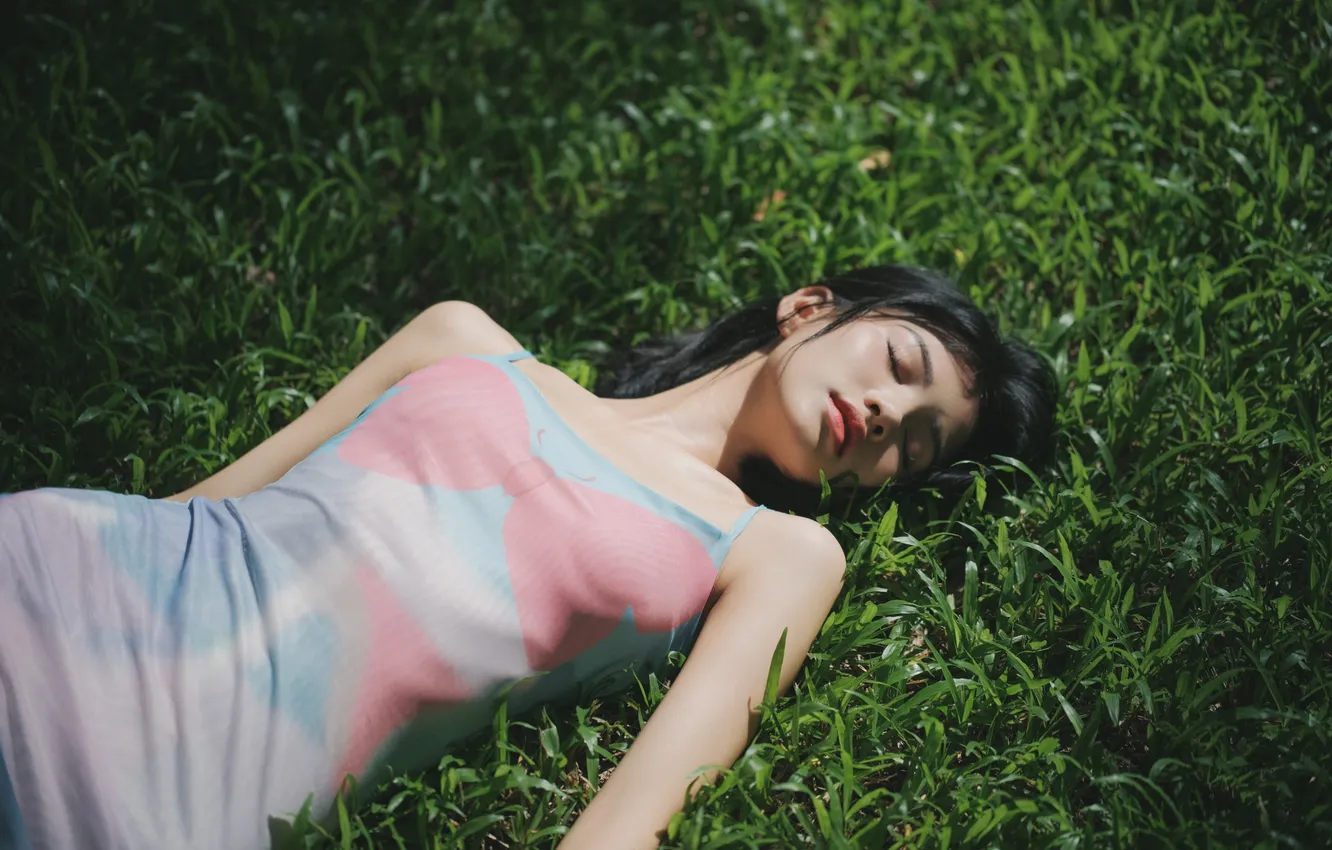 Photo wallpaper grass, woman, beautiful, model, pretty, asian, sunlight, lying down