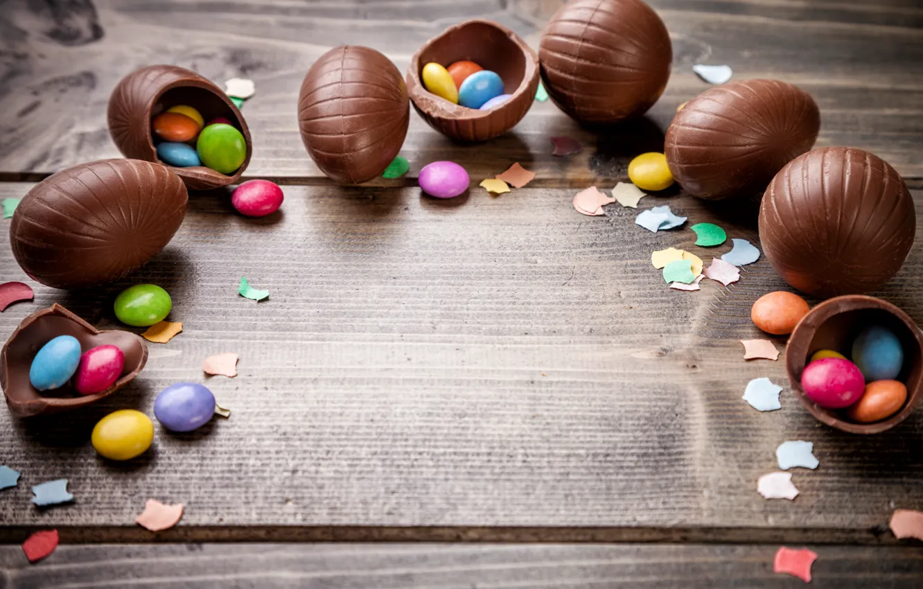 Photo wallpaper chocolate, eggs, colorful, candy, Easter, wood, chocolate, spring