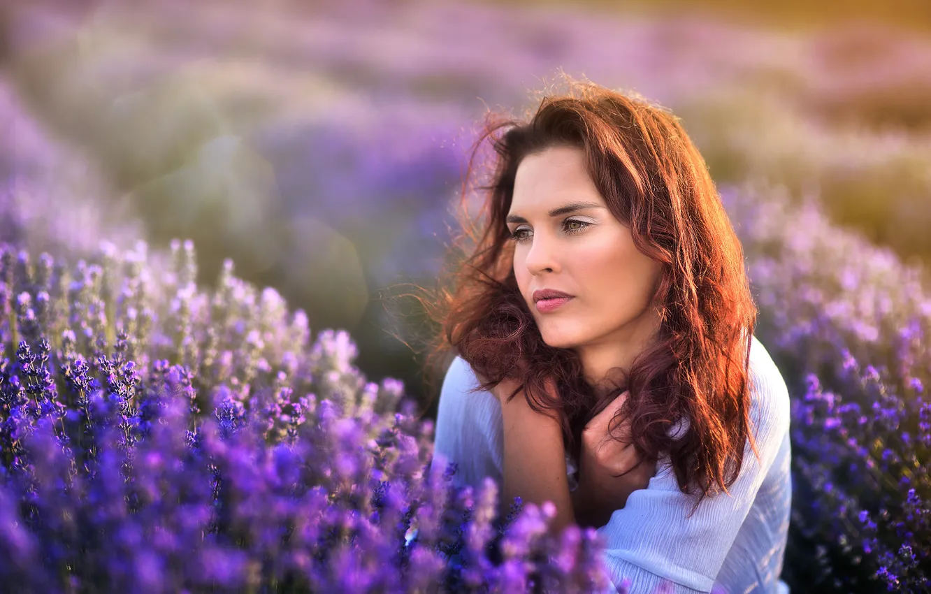 Photo wallpaper summer, look, girl, light, flowers, pose, hands, brown hair