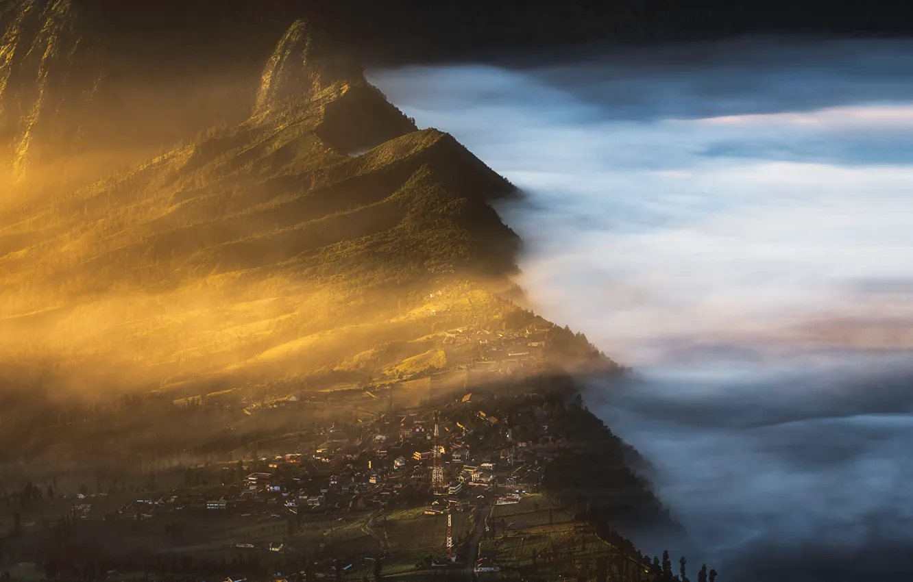 Photo wallpaper light, mountains, fog, the volcano, the village, Bromo