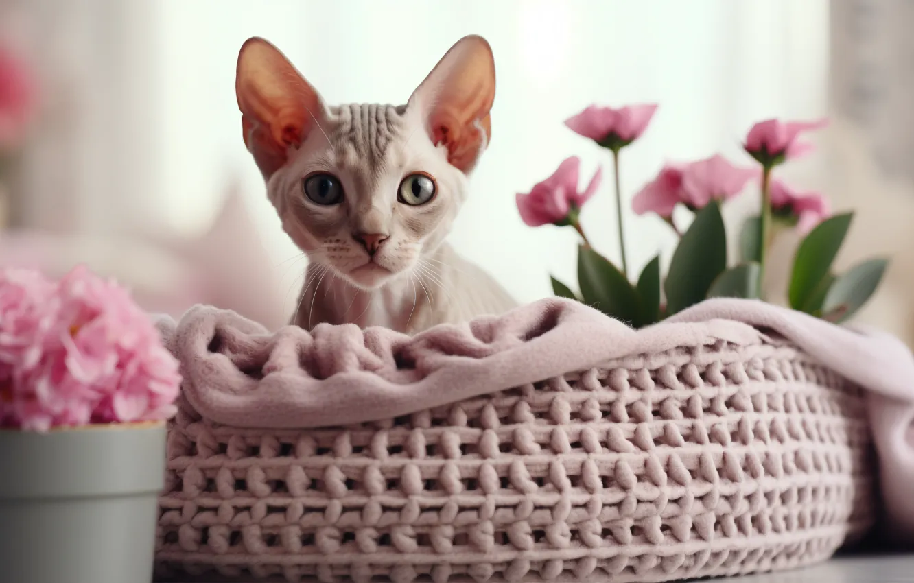 Photo wallpaper cat, look, flowers, pose, towel, kitty, face, bench