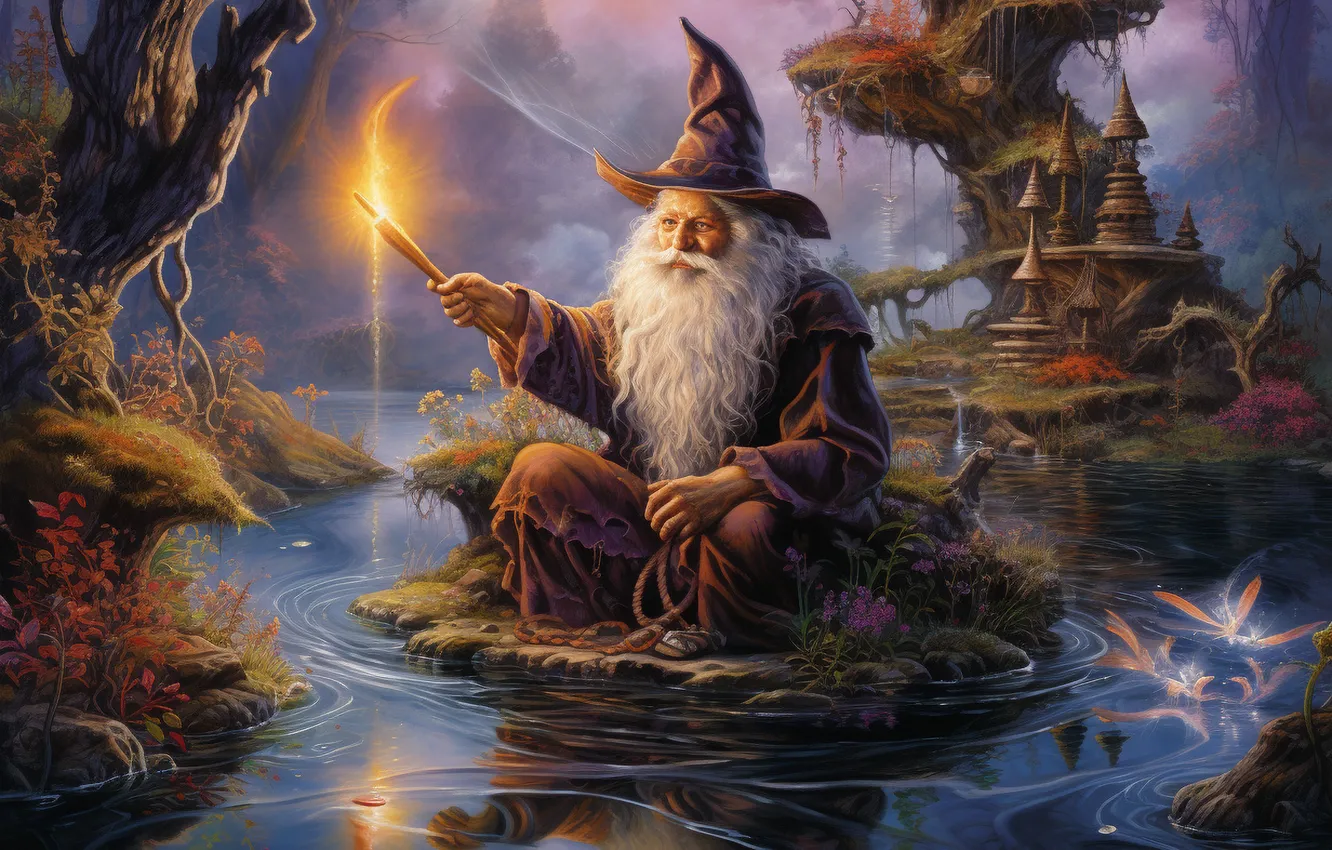 Photo wallpaper light, trees, stones, magic, shore, tale, hat, fantasy