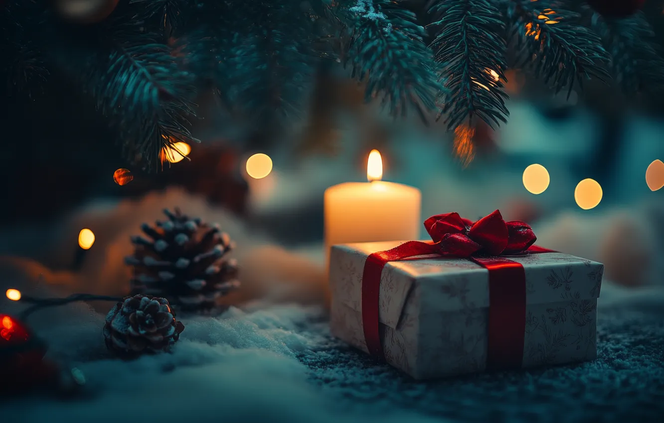 Photo wallpaper winter, light, snow, night, branches, lights, the dark background, box