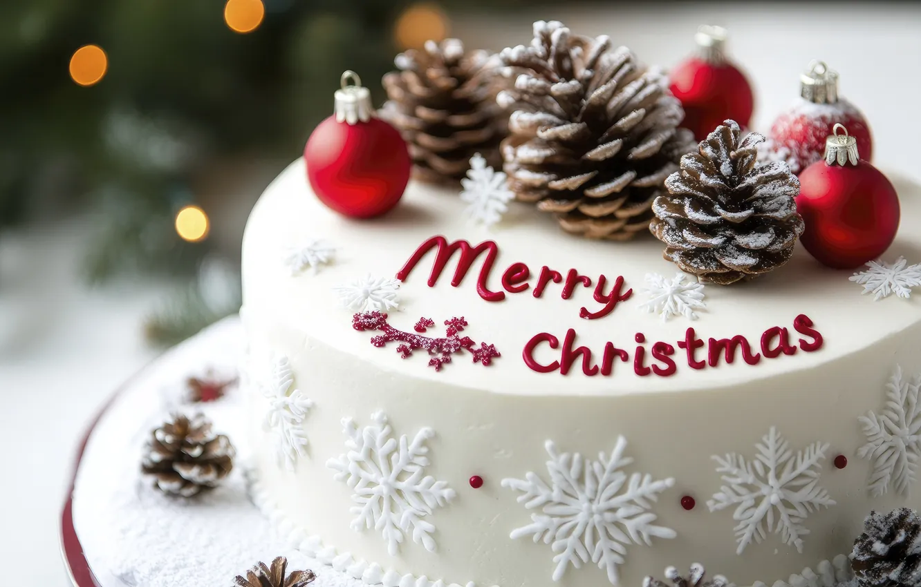 Photo wallpaper balls, snowflakes, red, the inscription, new year, Christmas, cake, banner