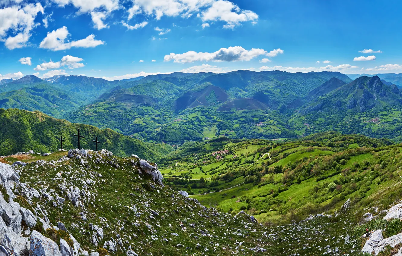 Photo wallpaper the sky, clouds, mountains, stones, field, valley, panorama, Spain