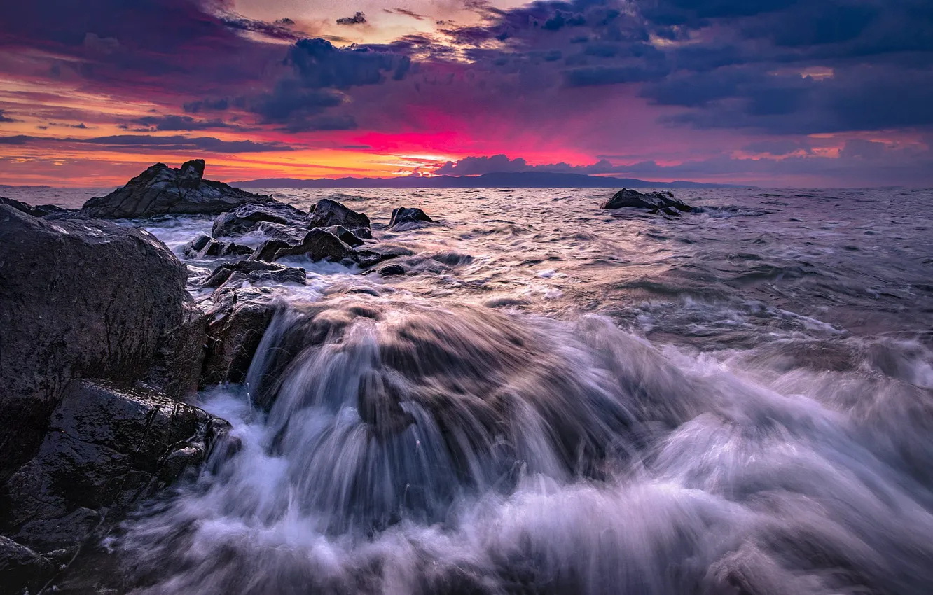 Photo wallpaper sea, wave, sunset, stones, rocks, Marina