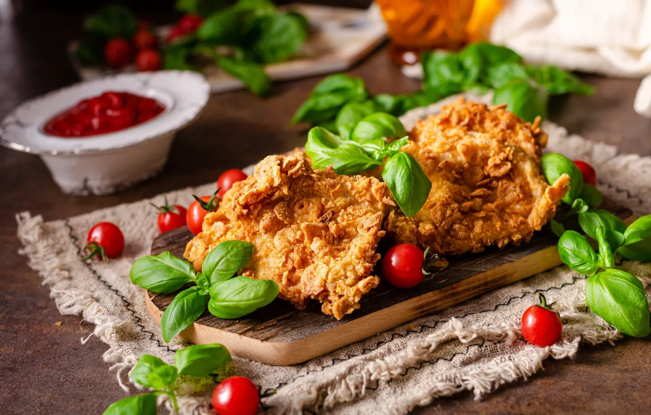 Photo wallpaper meat, tomatoes, chop, Basil