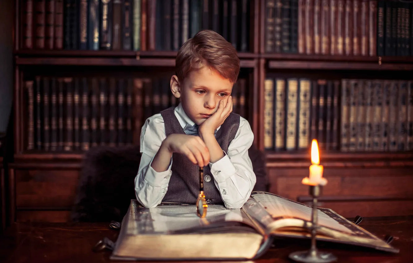 Photo wallpaper boy, book, library, Philosophical mood