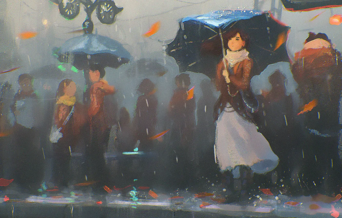 Photo wallpaper girl, rain, street, umbrella, art