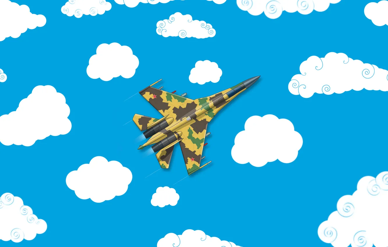 Photo wallpaper clouds, minimalism, fighter, art, Russia, the plane, Su 35, the view from the top