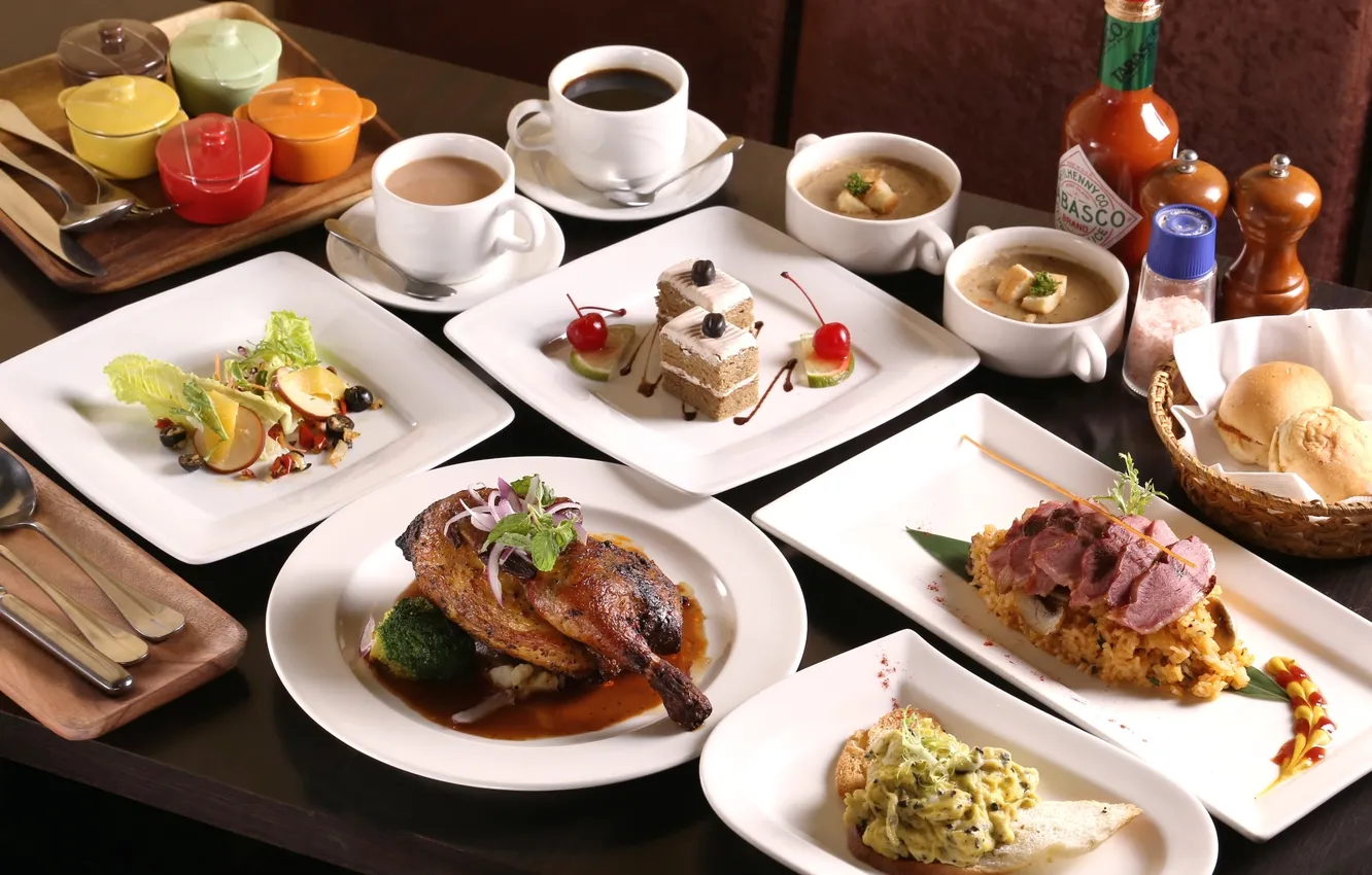 Photo wallpaper coffee, duck, soup, meat, cake, figure, sauce, dish