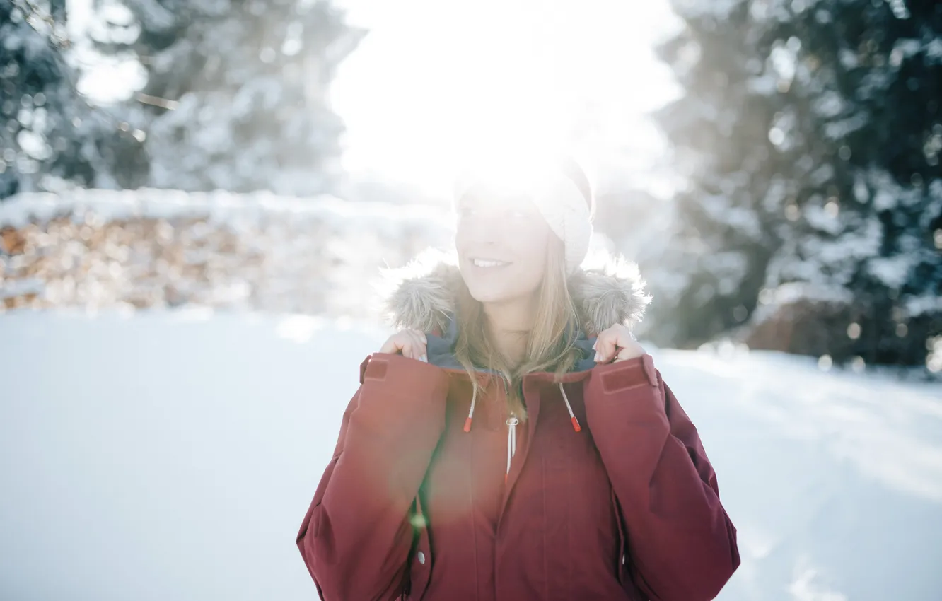 Photo wallpaper winter, girl, smile, jacket, blonde, smiling