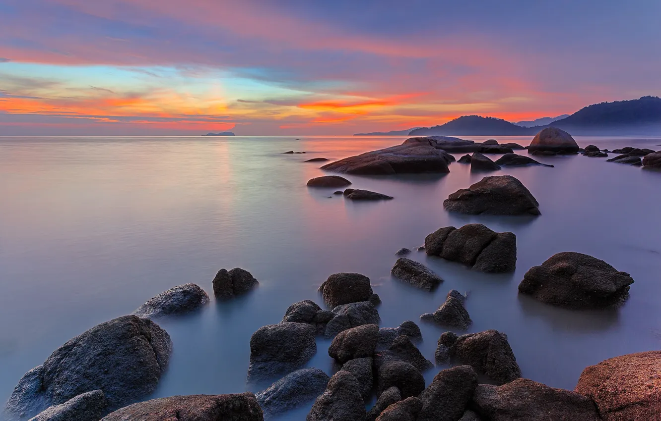 Photo wallpaper sea, the sky, clouds, sunset, mountains, stones, rocks