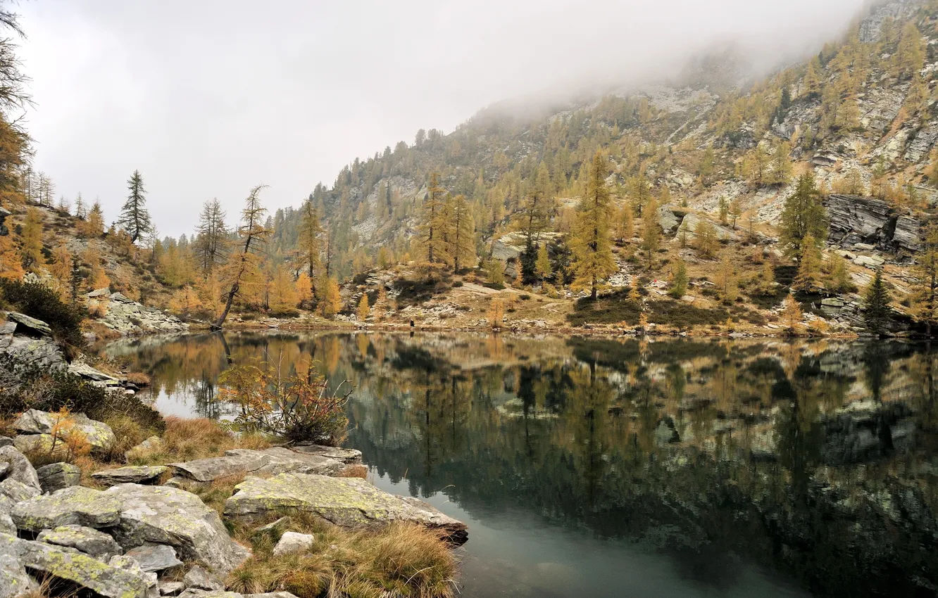 Photo wallpaper mountains, fog, lake