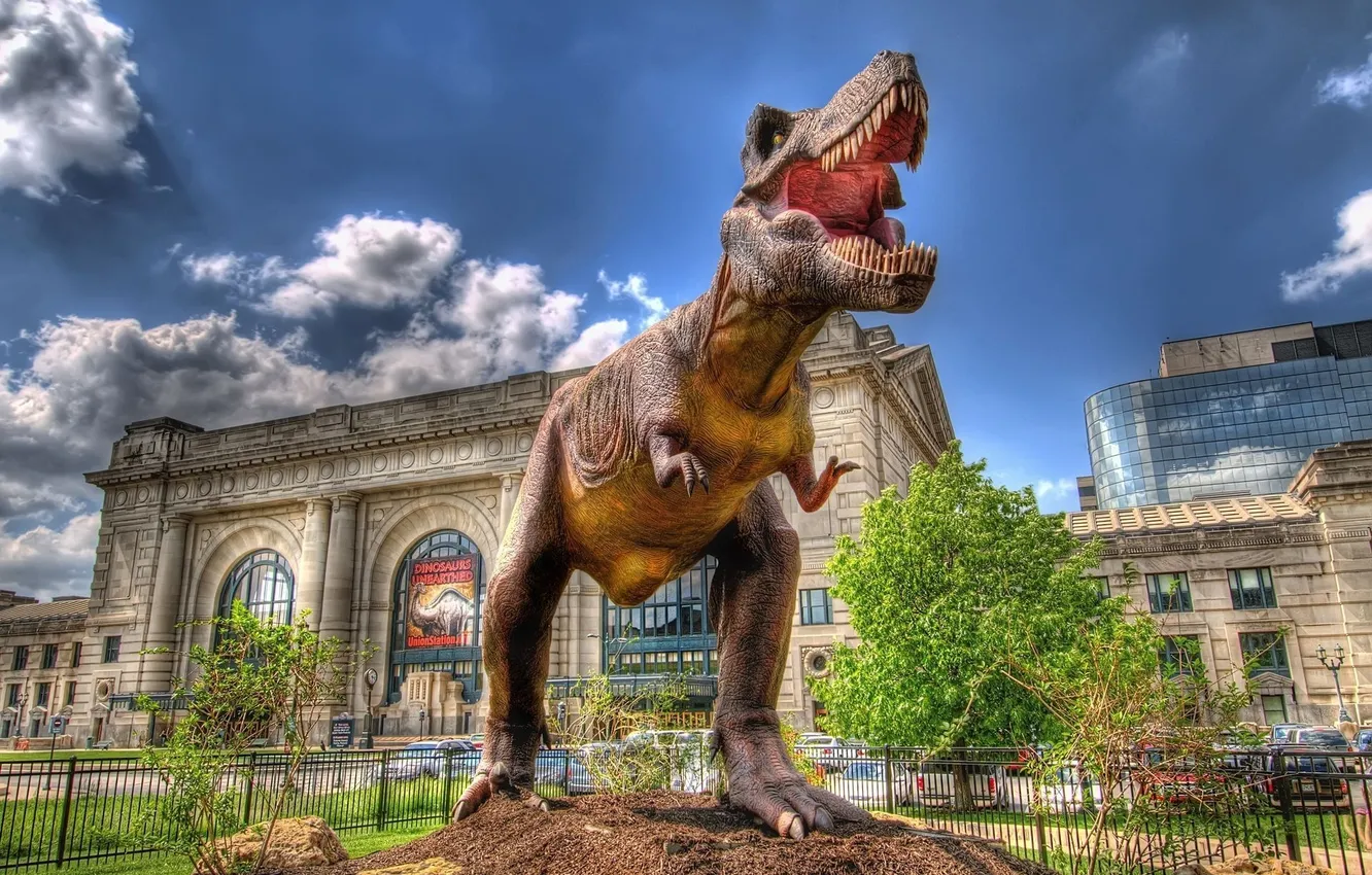Photo wallpaper building, dinosaur, sculpture