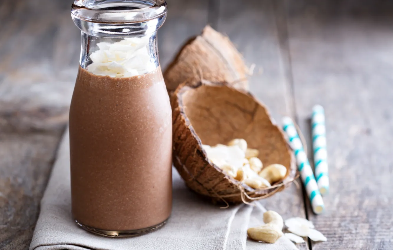 Photo wallpaper coconut, drink, nuts, dessert, napkin, tube, bottle