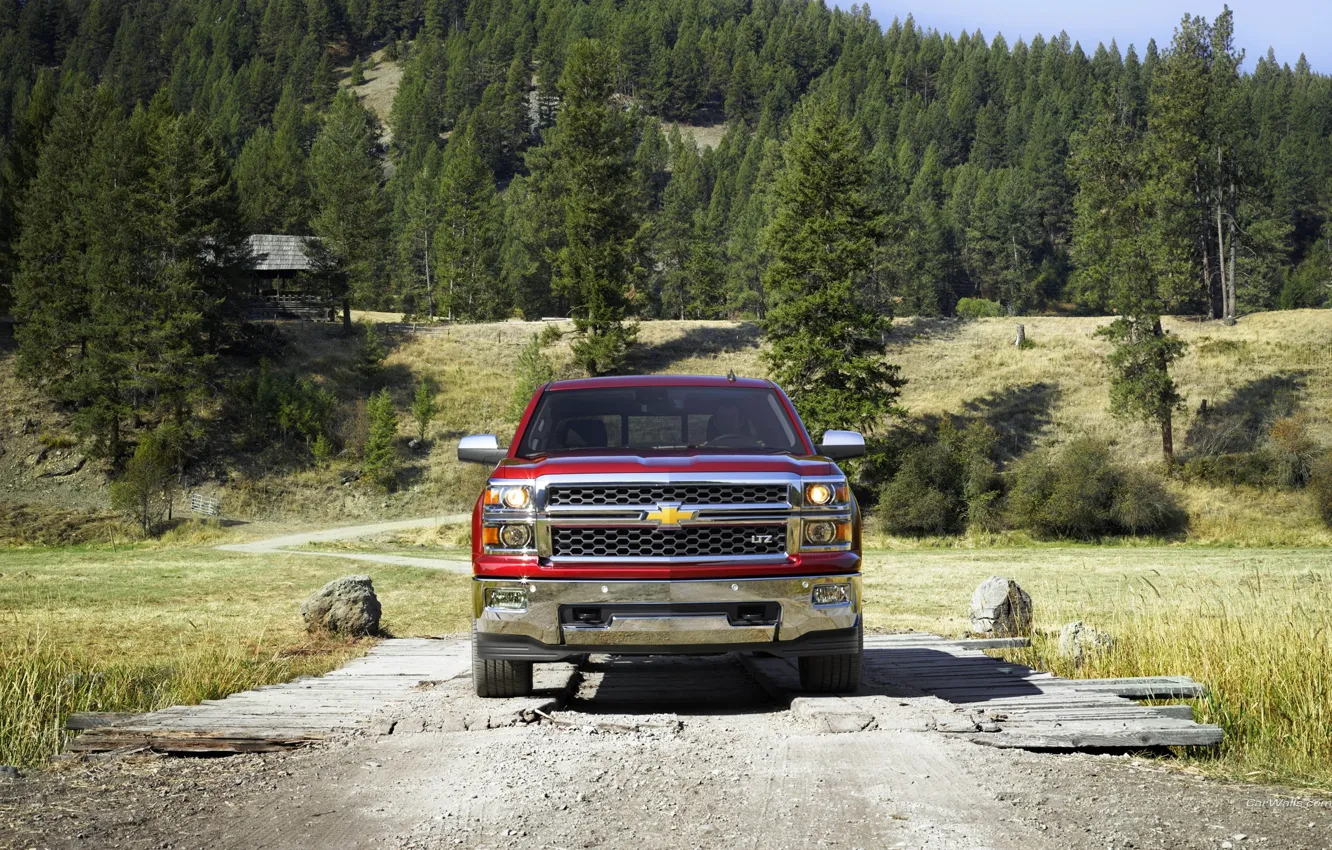 Photo wallpaper Red, Chevrolet, Forest, Chevrolet, Lights, Pickup, The front, Silverado