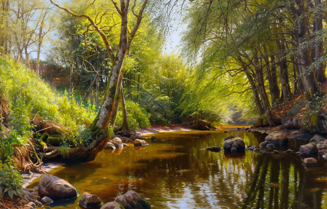 Photo wallpaper trees, picture, river, Peder Mork Monsted, Danish painter, River Landscape, Peter Merk Of Menstad, Peder …