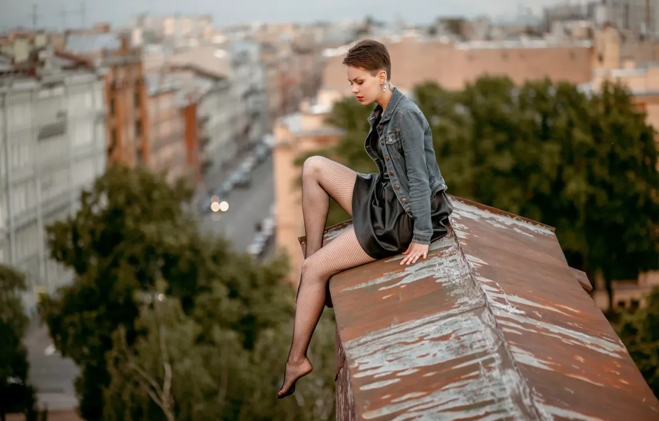 Photo wallpaper roof, girl, height, legs, Daria Kozakov