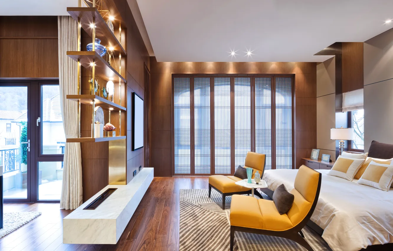 Photo wallpaper room, bed, chair, balcony, design, bedroom, interior, bed