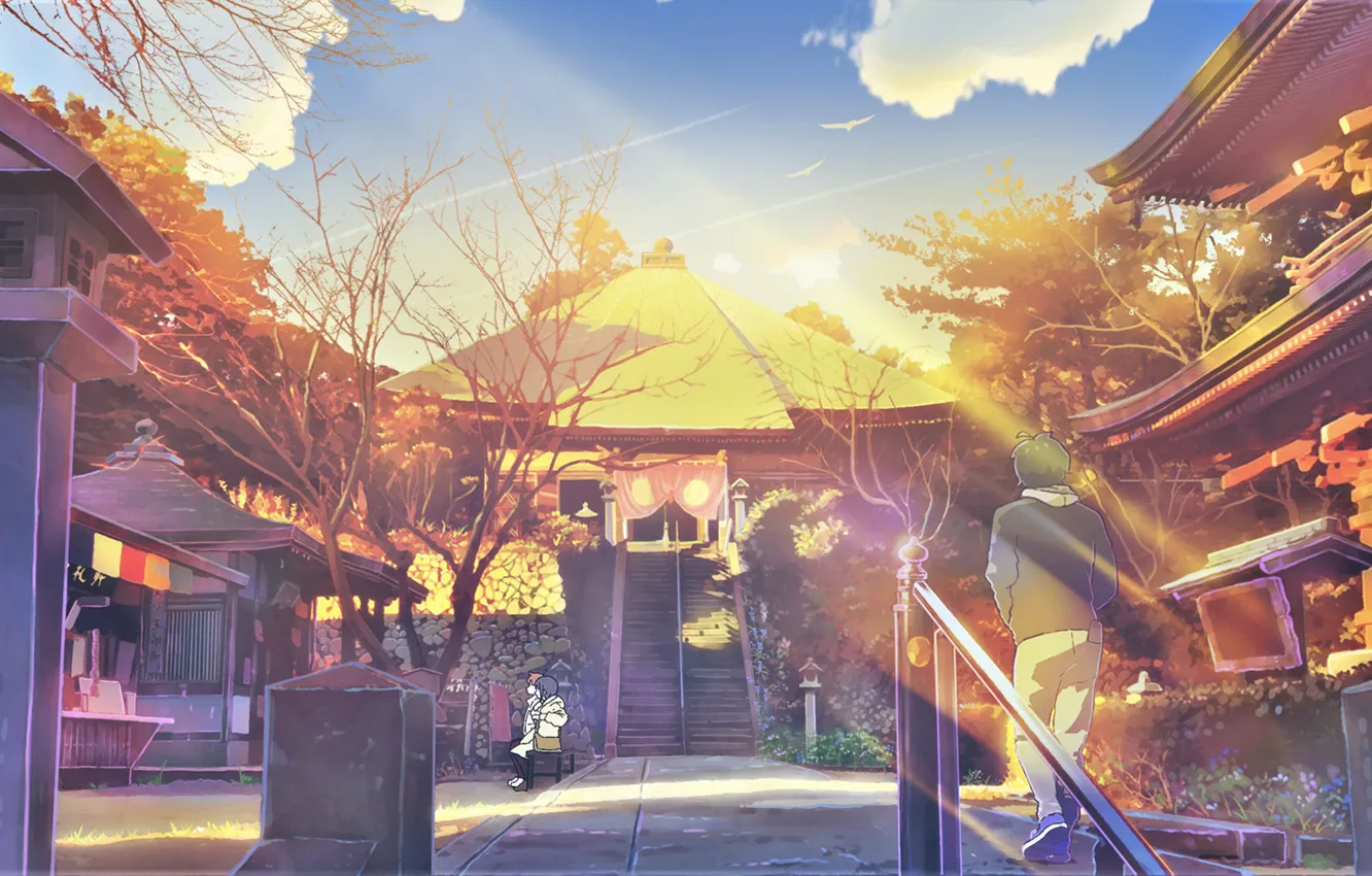 Photo wallpaper autumn, girl, temple, male