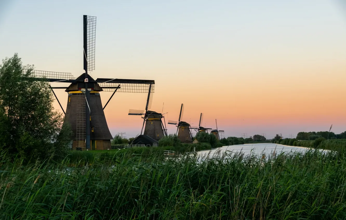 Photo wallpaper Windmills, water, Netherlands, Kinderdijk