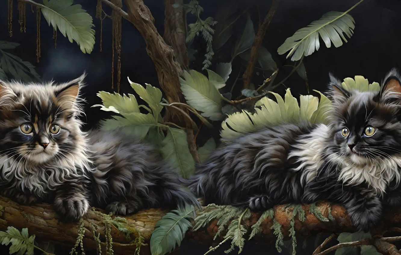 Photo wallpaper cat, cat, leaves, branches, two, digital art, AI art, The Art of Artificial Intelligence