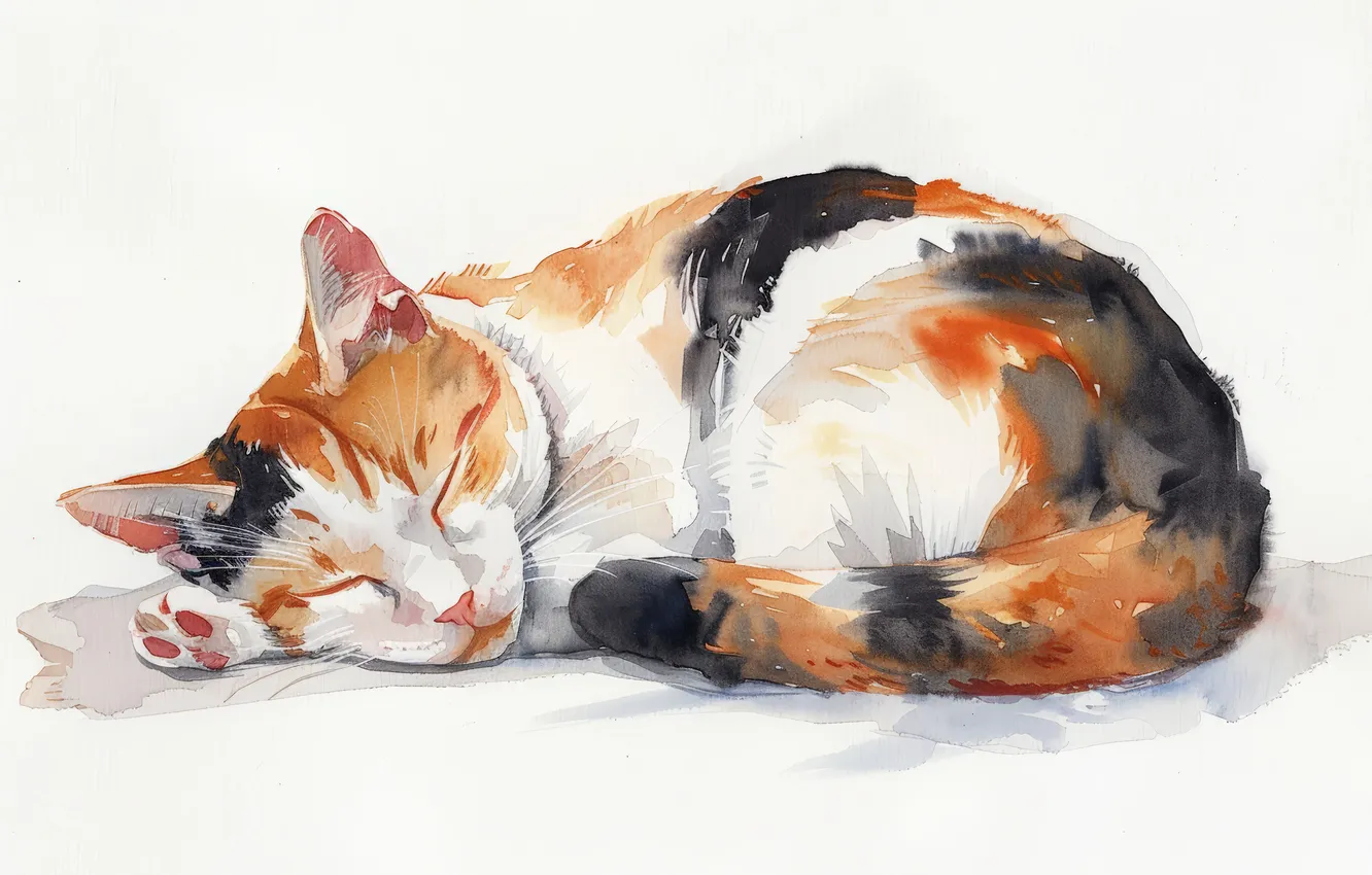 Photo wallpaper cat, cat, art, sleeping, light background, digital art, imitation painting, AI art