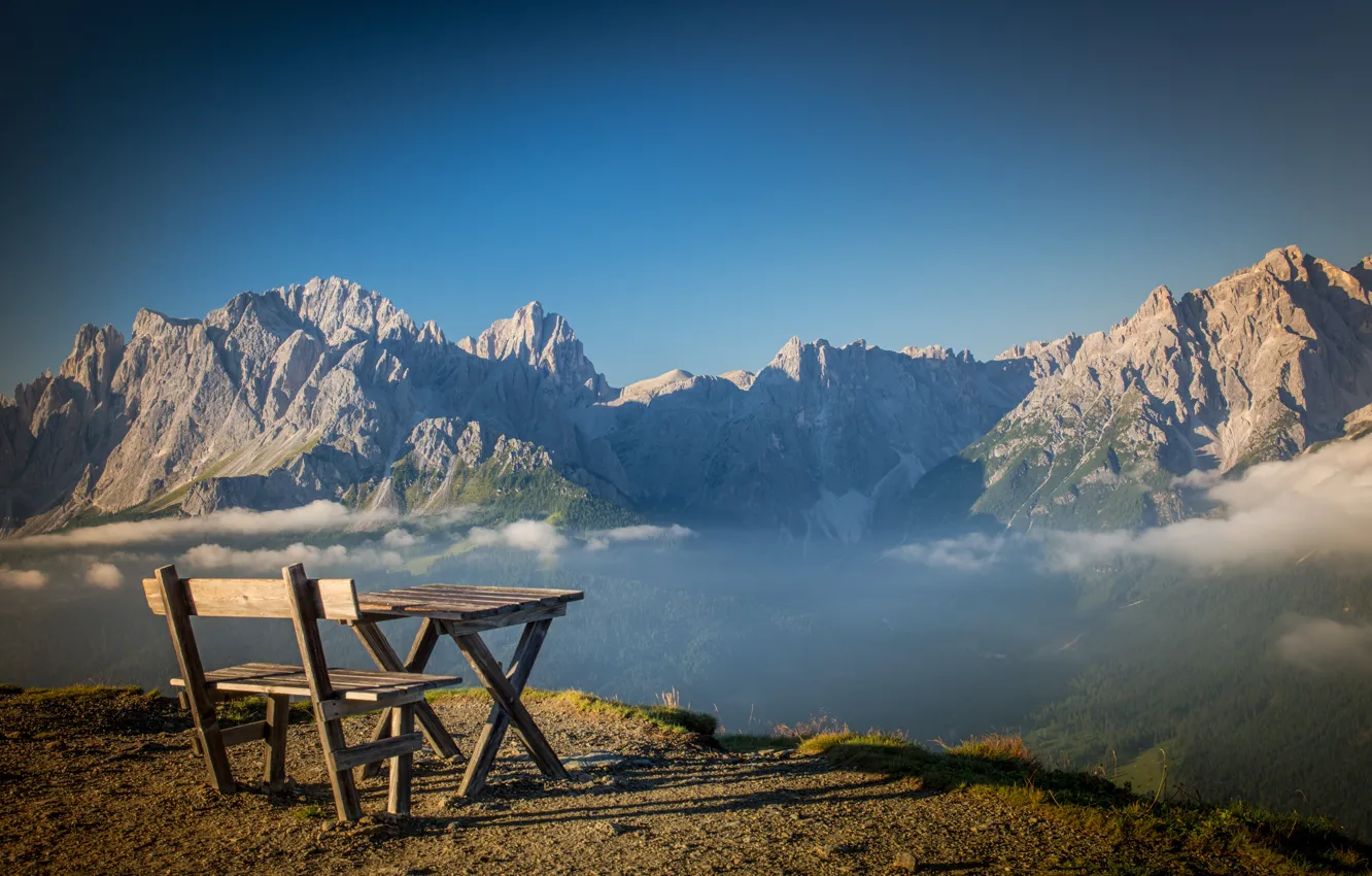 Photo wallpaper forest, the sky, clouds, mountains, bench, rocks, view, height