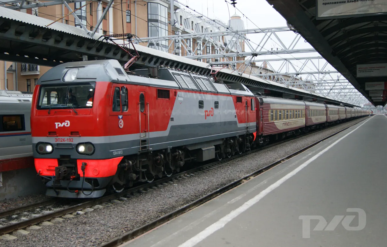Photo wallpaper Locomotive, Train, Station, The way, Composition, Platform, Railways, Russian Railways