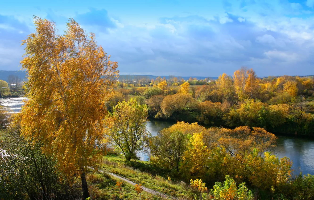Photo wallpaper autumn, the sky, landscape, river, paint, dal