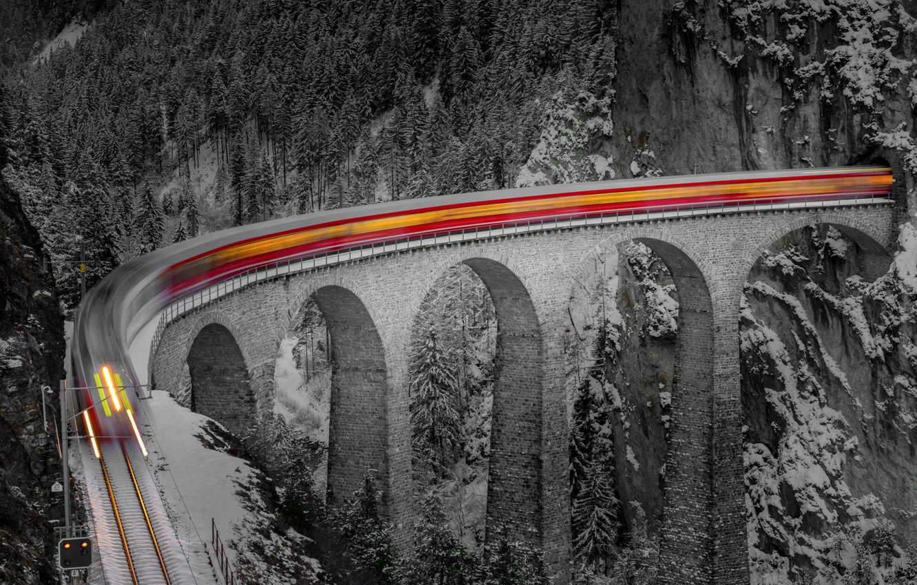 Photo wallpaper winter, forest, snow, bridge, rocks, train, excerpt
