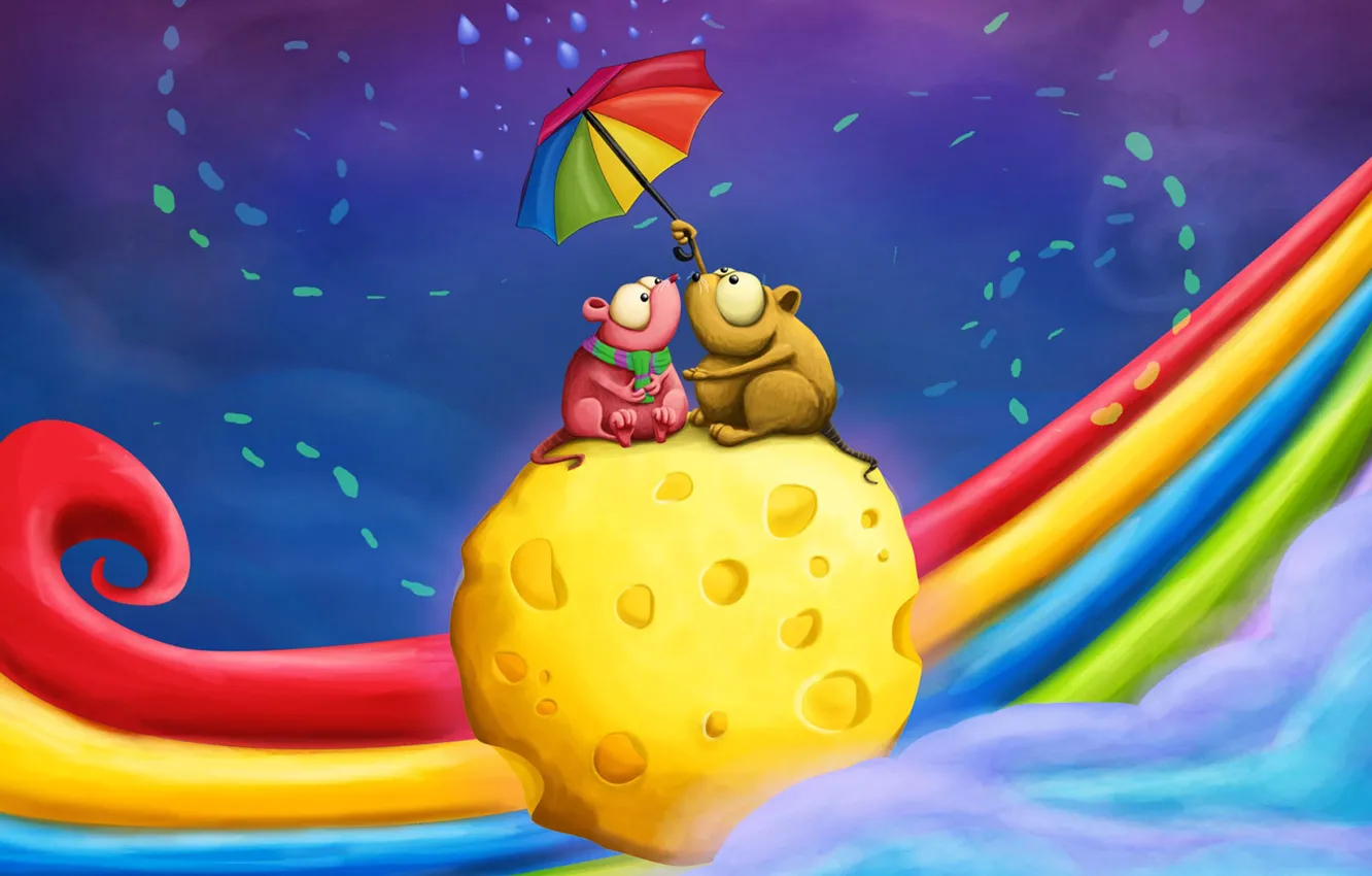 Photo wallpaper umbrella, rainbow, cheese, pair, two, date, mouse
