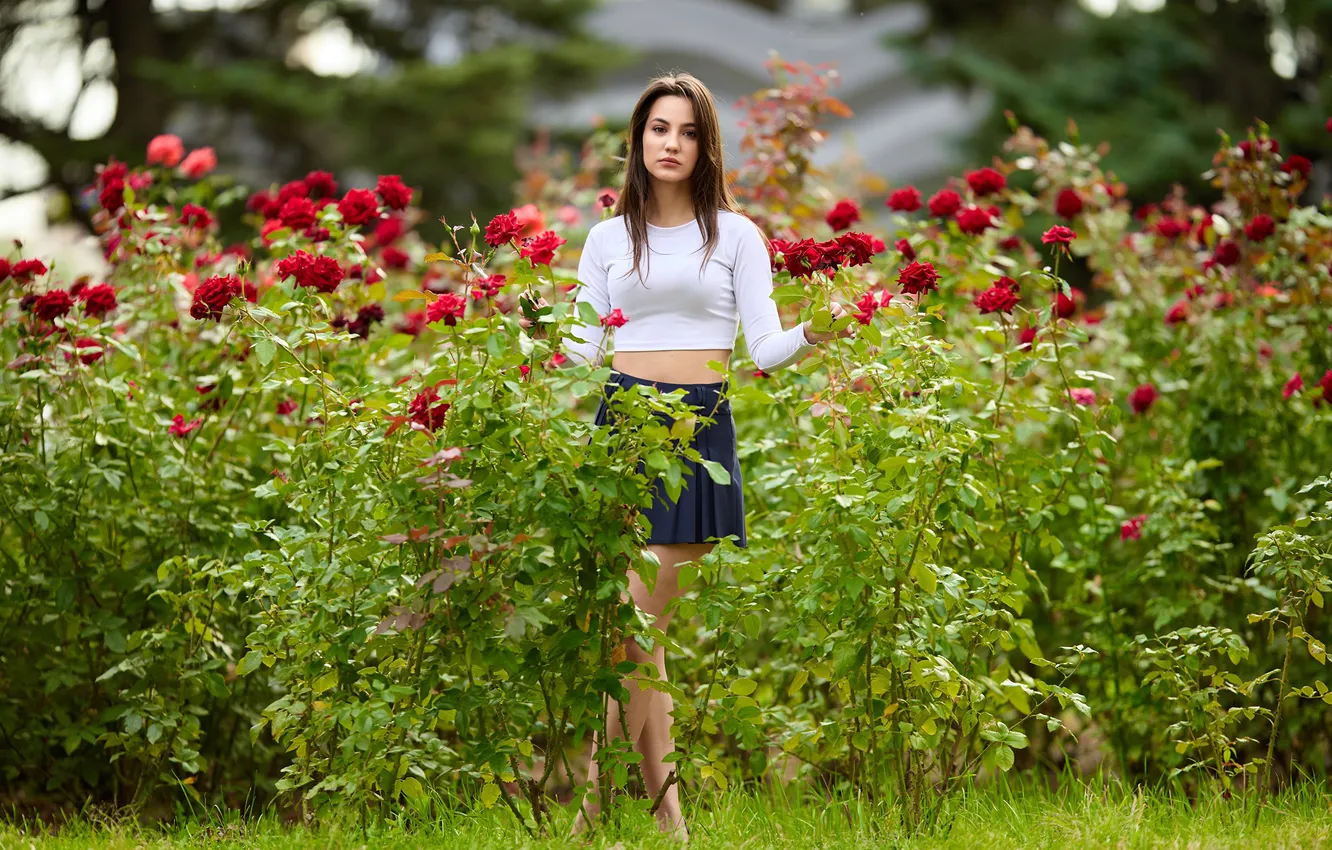 Photo wallpaper pose, skirt, roses, blouse