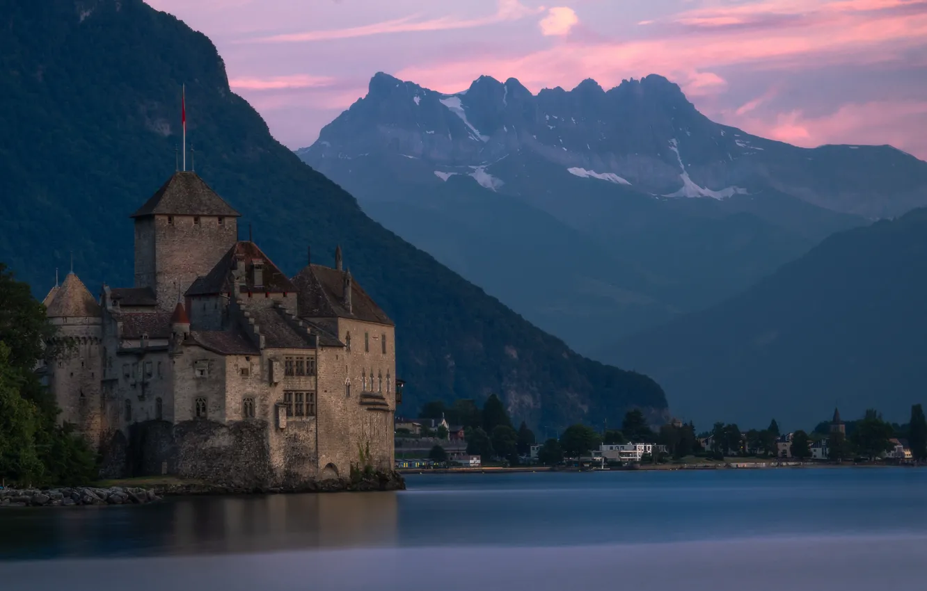 Photo wallpaper mountains, lake, castle, Switzerland, The Castle Of Chillon, Veytaux, lake Geneva