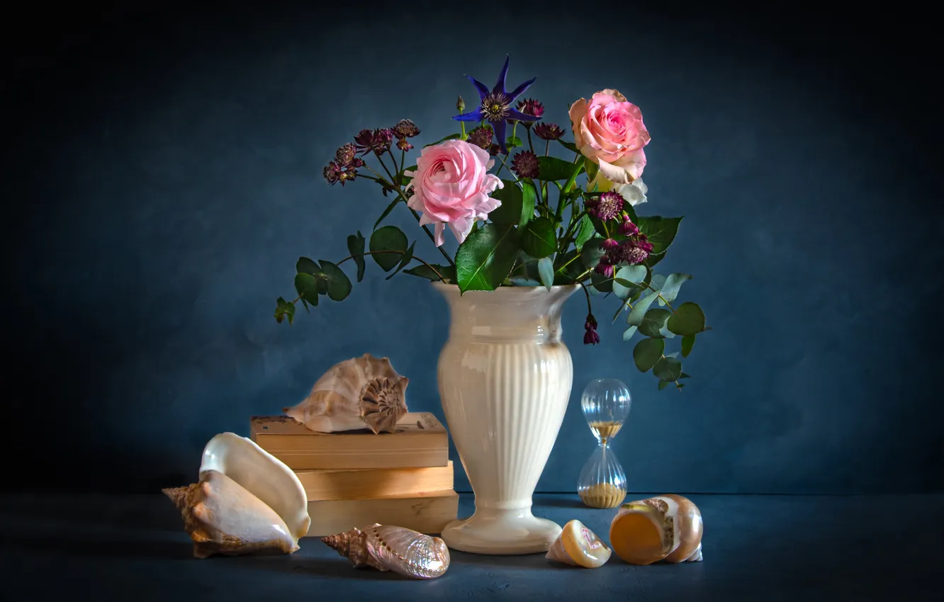 Photo wallpaper white, leaves, light, flowers, the dark background, sprig, table, roses