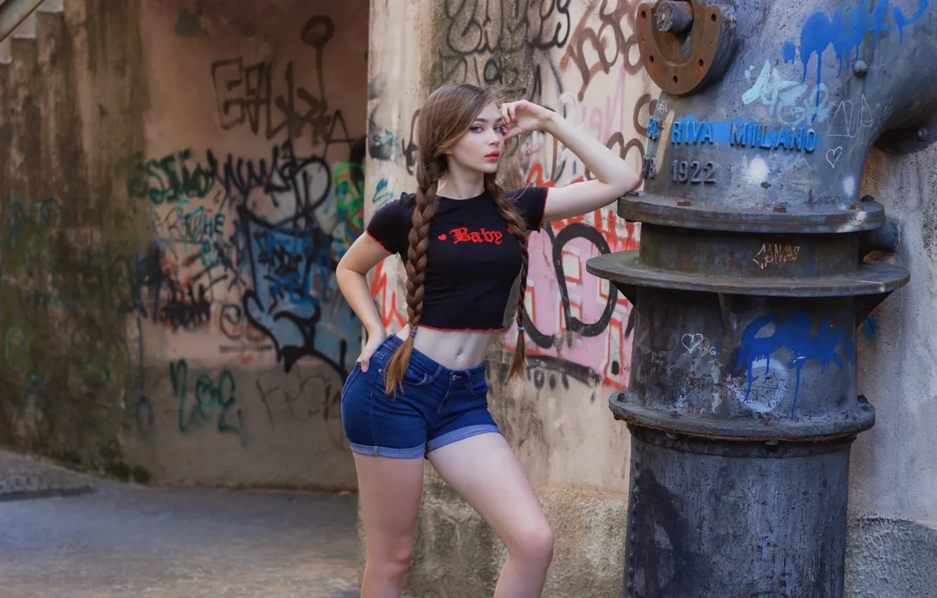 Photo wallpaper beautiful, twintails, model, women, brunette, t-shirt, braids, jean shorts