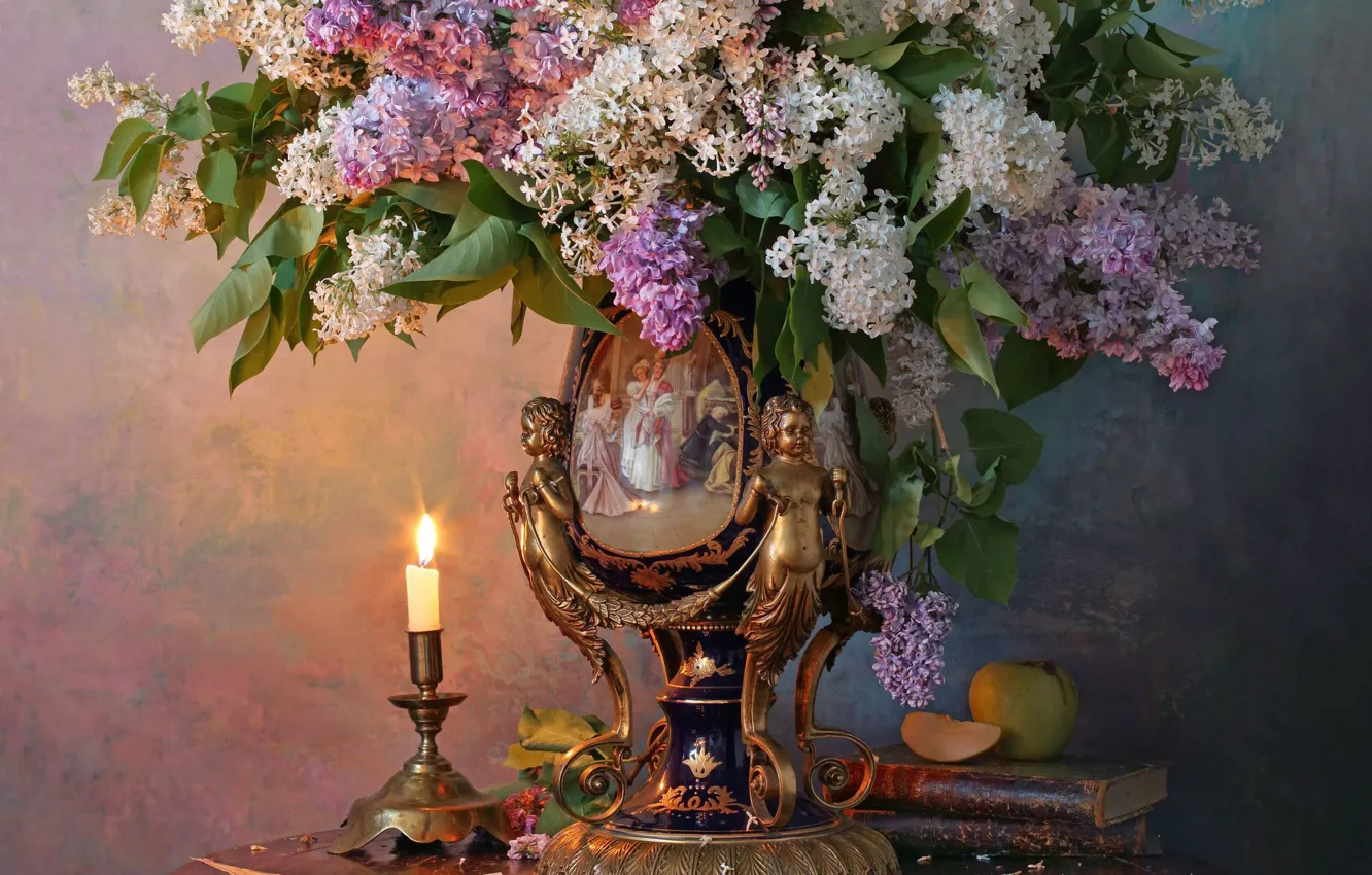 Photo wallpaper style, books, Apple, candle, bouquet, vase, still life, lilac