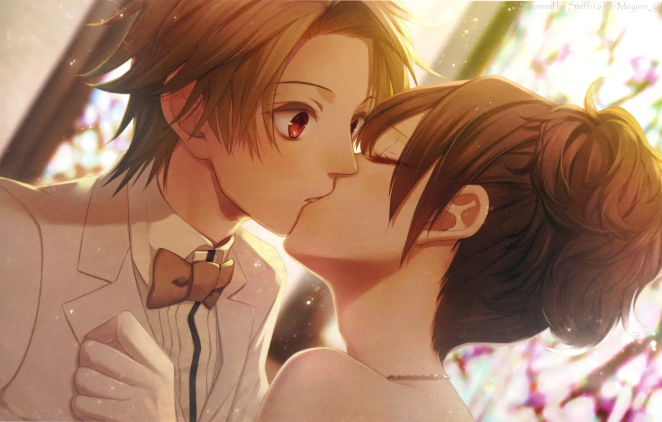 Photo wallpaper kiss, neck, art, wedding, visual novel, the bride and groom, bow tie, nagaoka