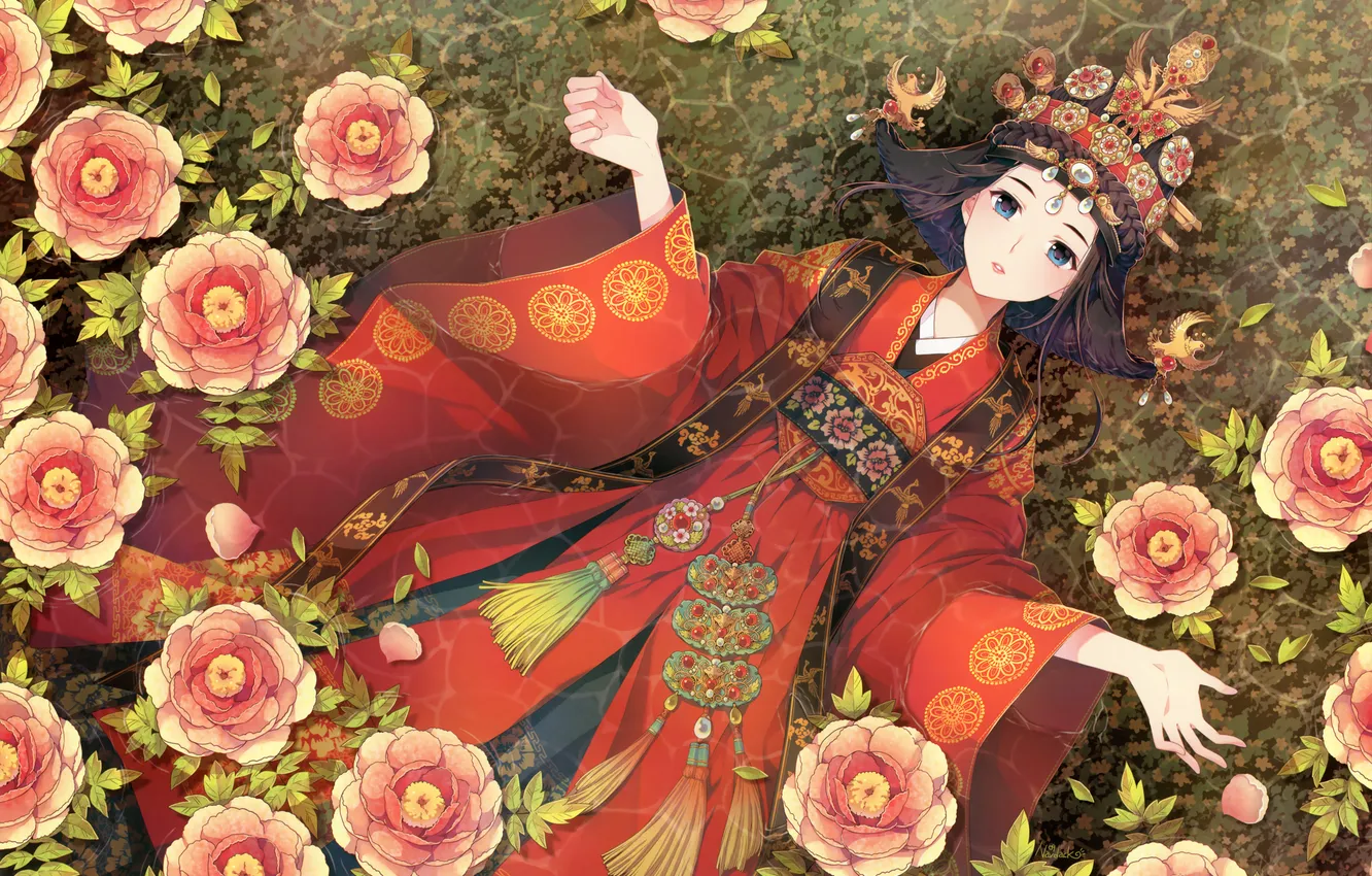 Photo wallpaper water, girl, decoration, flowers, crown, dress, art, lying