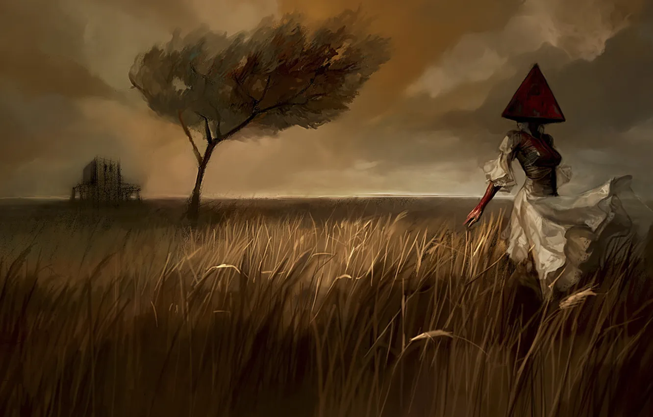 Photo wallpaper field, girl, trees, home, art, pyramid, Scarecrow