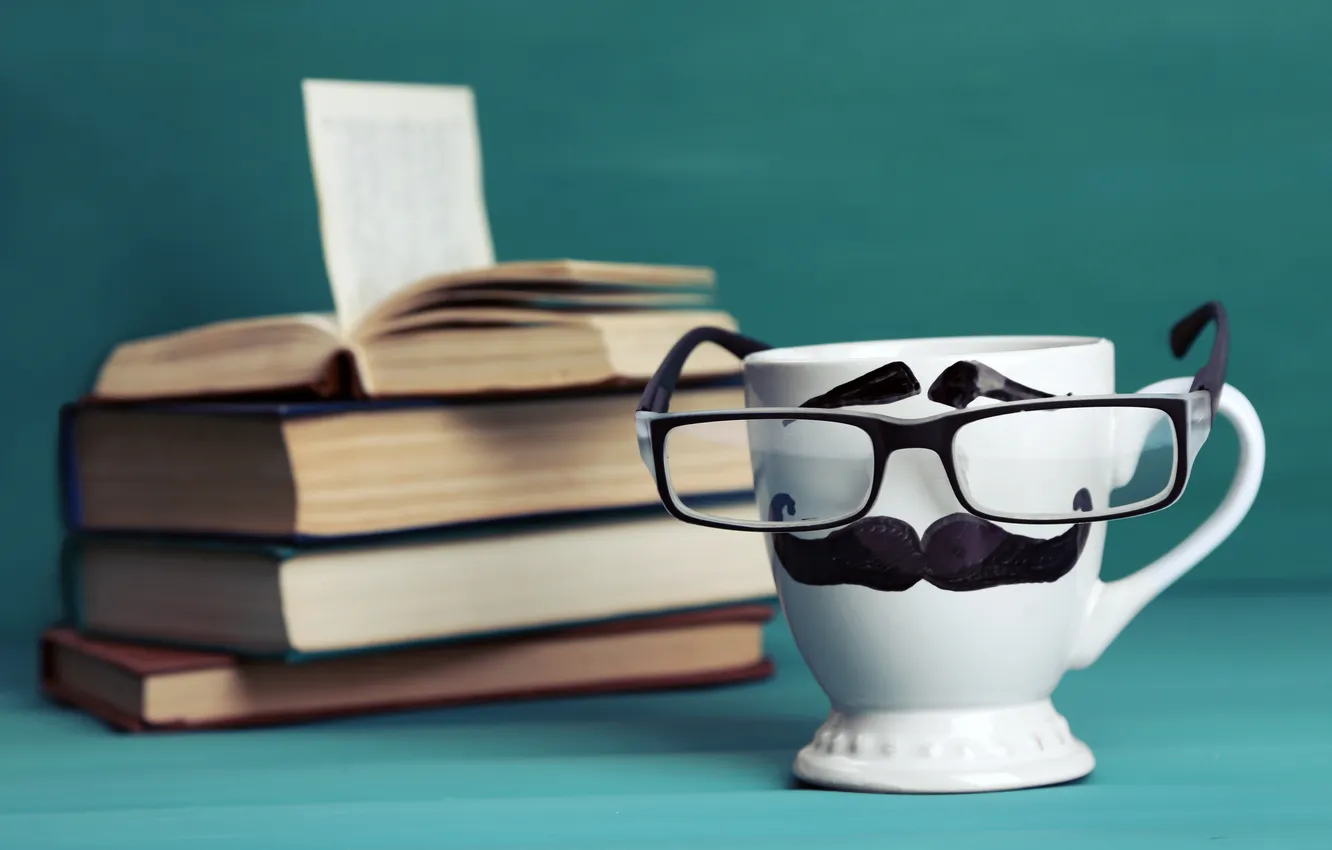 Photo wallpaper coffee, glasses, mug, book, cup, lips, funny, glasses