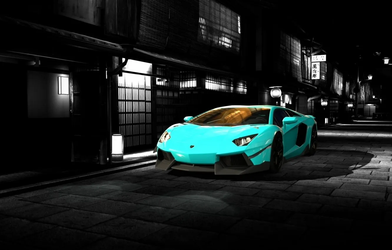 Photo wallpaper road, car, machine, auto, night, the city, Lamborghini, logo
